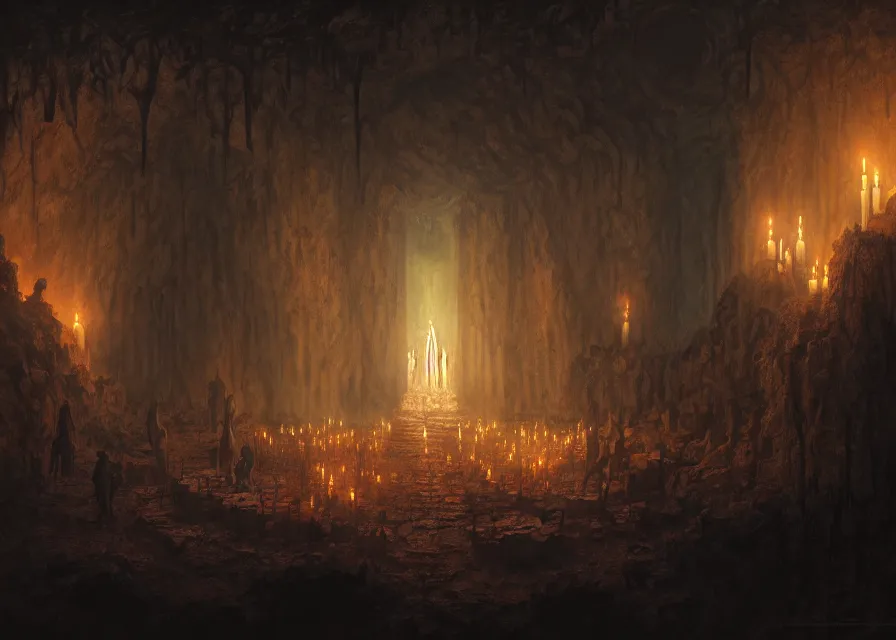 Image similar to dystopian chtonian cult, occult, dark cave, altar, night, candles, marc simonetti, matte painting, 4 k, trending on artstation 4 k,