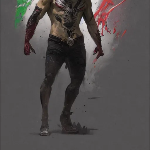 Image similar to jason momoa as joker, full body, dynamic pose, painted by greg rutkowski