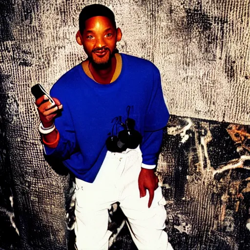 Prompt: will smith posing for a camera, holding up a phone during an photoshoot for his early 2 0 0 0's techno album, cool coloring reminiscent of the 2 0 0 0's, album cover, y 2 k aesthetic,