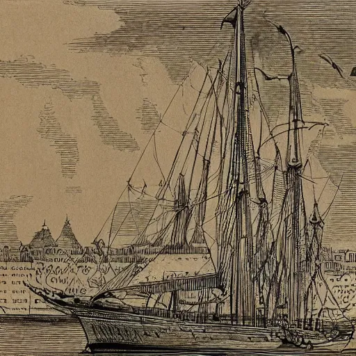 Prompt: lines, kaleidoscopic by eastman johnson, by john tenniel fluorescent purple, scooby doo. a drawing of a tall ship sailing through a cityscape. the ship is adorned with intricate details, while the cityscape is filled with towering palaces & other grand buildings.