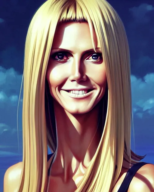 Image similar to portrait of Heidi Klum as Anime girl cute-fine-face, full body! pretty face, realistic shaded Perfect face, fine details. Anime. realistic shaded lighting by Ilya Kuvshinov Giuseppe Dangelico Pino and Michael Garmash and Rob Rey