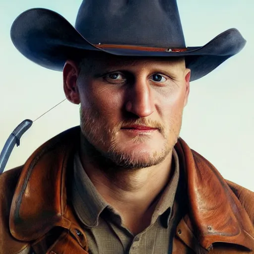 Image similar to portrait painting of woody harrelson, with a cowboy hat and bloody golf club, ultra realistic, concept art, intricate details, eerie, highly detailed, photorealistic, octane render, 8 k, unreal engine. art by artgerm and greg rutkowski and alphonse mucha