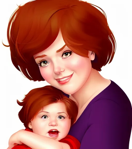 Prompt: a mother with short shoulder length auburn hair, short and curvy and a slightly chubby face holding her infant son with short brown hair full color digital illustration in the style of don bluth, artgerm, artstation trending, 4 k