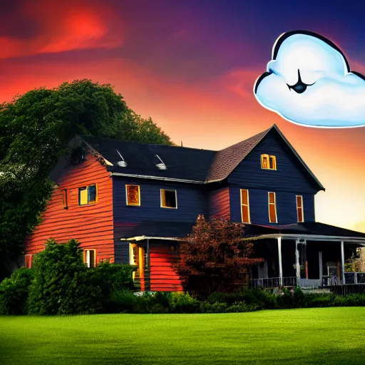 Prompt: clouds shaped like a vampire womans face with an ear-to-ear mouth, pointy teeth, nightime, blue pallete, an old suburban house, 4k