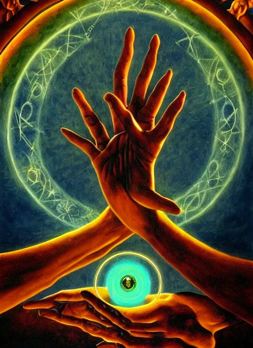 Image similar to antediluvian occult cosmology, panspermia, occult magic hand gestures, magick ritual hand signs, by joe jusko and remedios varo and daniel arsham and robert hooke, rule of thirds, vivid colours, negative space, atmospheric, digital painting, artstation, concept art, smooth, sharp focus