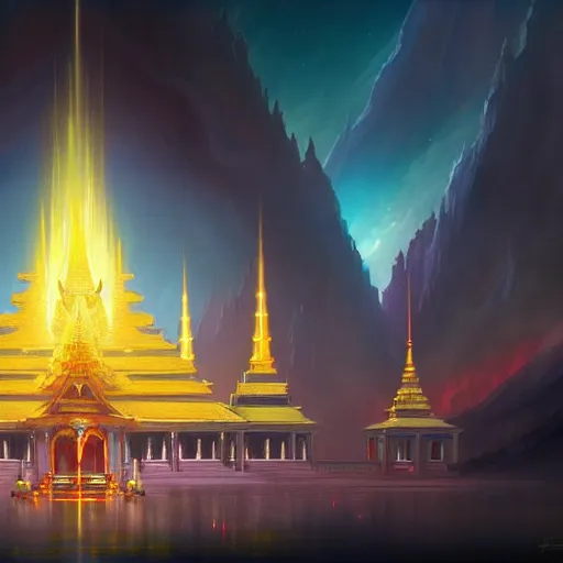 Image similar to grand palace temple for leader of galactic empire by peter mohrbacher, vivid colors, matte painting, 8K, concept art, mystical color scheme, trending on artstation