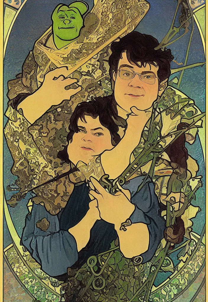 Image similar to yann lecun as shrek, tarot in art style by alphonse mucha