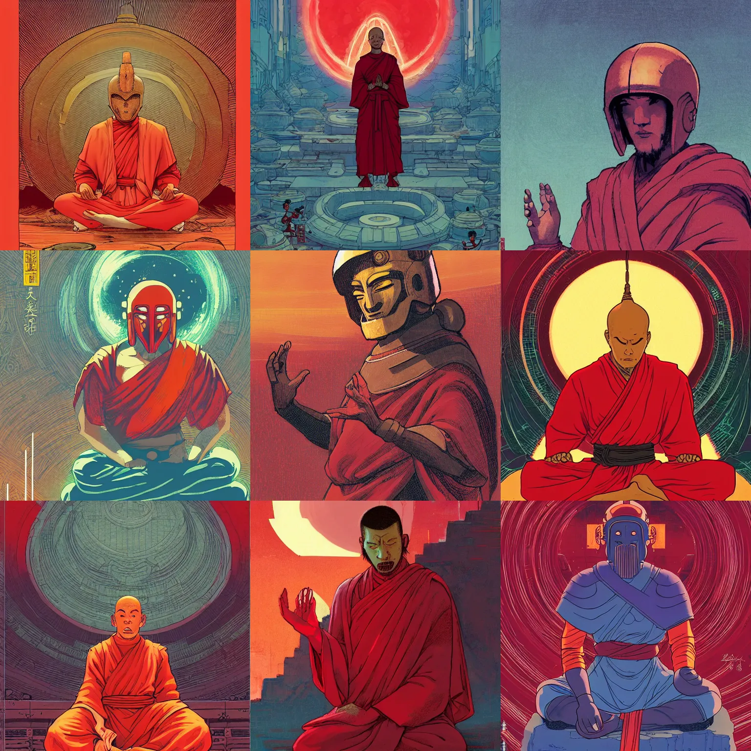 Prompt: monk with a spartan helmet meditating, red robes, by borderlands and by feng zhu and loish and laurie greasley, victo ngai, andreas rocha, john harris