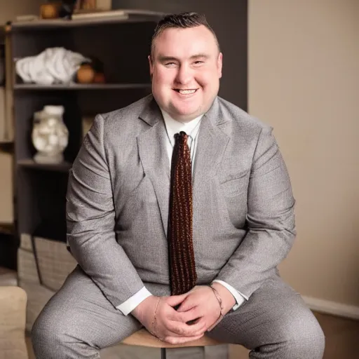 Prompt: A smiling chubby white clean-shaven man dressed in a chocolate brown suit and necktie is sitting on a stool. Realistic