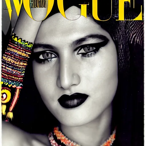 Image similar to a beautiful professional photograph by hamir sardar, herb ritts and ellen von unwerh for the cover of vogue magazine of a beautiful and unusually attractive native yanomami female fashion model looking at the camera in a flirtatious way, leica 5 0 mm f 1. 8 lens