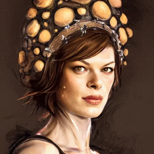 Prompt: doctor octavius as an attractive young smiling woman played by milla jovovich wearing a mushroom crown and heavy armoured wedding dress, face portrait, hd shot, digital portrait, elegant, beautiful, fantasy art, artstation, comic style, by artgerm, guy denning, jakub rozalski, magali villeneuve and charlie bowater