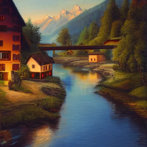 Image similar to High-Quality realist painting of a river crossing a traditional Bavarian village in a valley in the Alps at dawn, peaceful, very detailed, digital art.