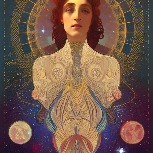 Image similar to the beginning of the universe, nebula, galaxy, space, intricate, high details, very realistic, in the style of Alphonse Mucha and Greg Rutkwoski, digital painting, Artstation