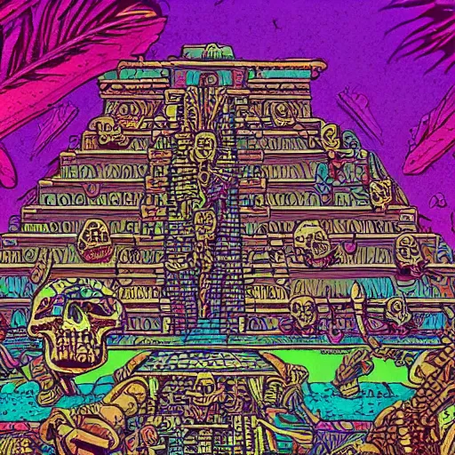 Prompt: precisely drawn illustration of a Mayan temple decorated with skulls, wide angle, sharp, fine details, French comic style, vibrant colors, popping colors, cyberpunk, intense line art, 8k, precise linework, realistic, in the style of Richard Corben and Moebius