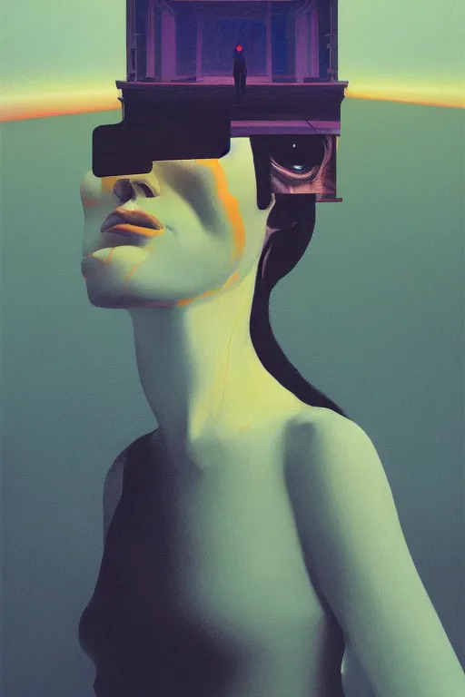 Image similar to woman wearing oculus and digital glitch head edward hopper and james gilleard, zdzislaw beksisnski, higly detailed