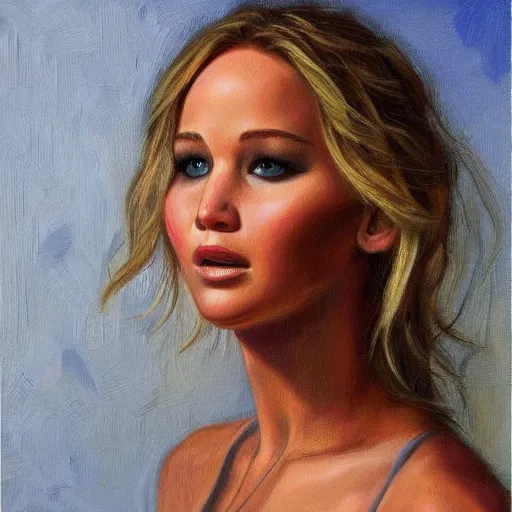 Image similar to beautiful oil in canvas of jennifer lawrence, very detailed face, symetry!!