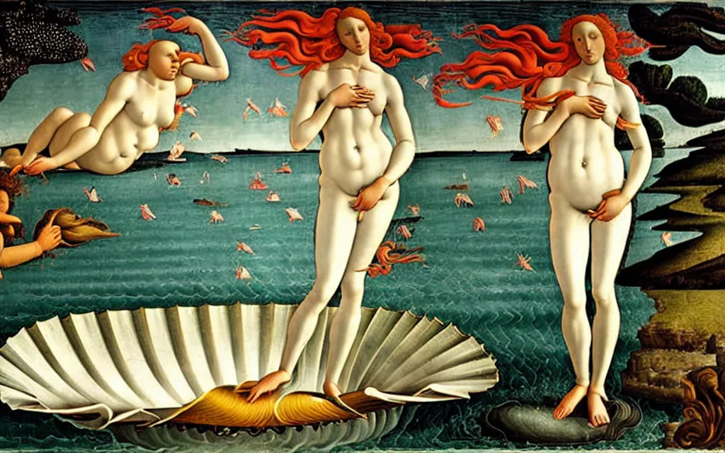 Image similar to sandro botticelli. very soft, delicate light. birth of venus raving.