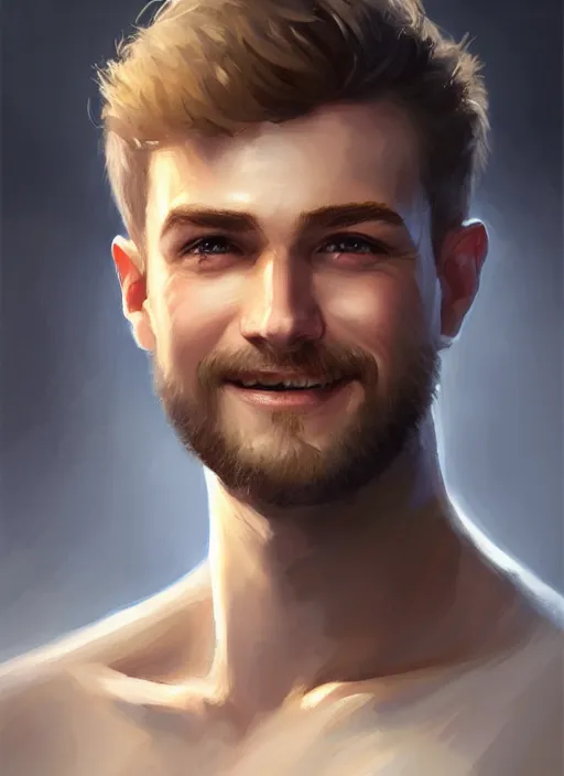 Prompt: a _ fantasy _ style _ portrait _ painting _ of white male short fringe light brown hair short head smiling clean shaven round face rpg dnd oil _ painting _ unreal _ 5 _ daz. _ rpg _ portrait _ extremely _ detailed _ artgerm _ greg _ rutkowski _ greg