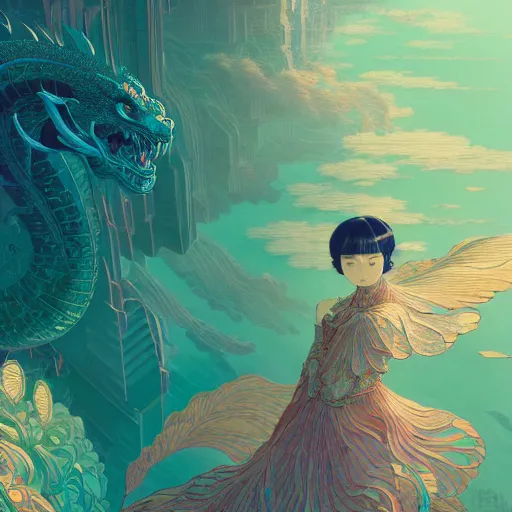 Image similar to a beautiful hyperdetailed character design 4 k wallpaper illustration of cyan dragon victo ngai, from china, style of studio ghibli, makoto shinkai, raphael lacoste, louis comfort tiffany, artgerm, xision, james jean, ross tran, chinese style