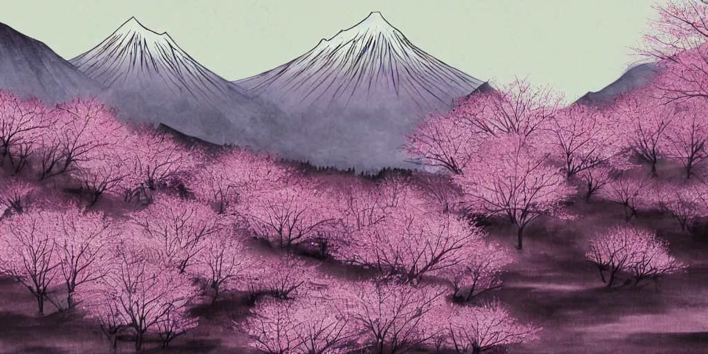 Prompt: japanese ink painting of a blooming cherry blossom forest with mountains in the background, white, pink, purple, black, highly detailed, vivid colors, cinematic lighting, 8 k, trending on artstation