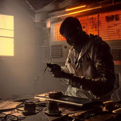 Image similar to augmented human repairing commodore 6 4, dark messy smoke - filled cluttered workshop, dark, dramatic lighting, orange tint, cinematic, highly detailed, sci - fi, futuristic, movie still from blade runner