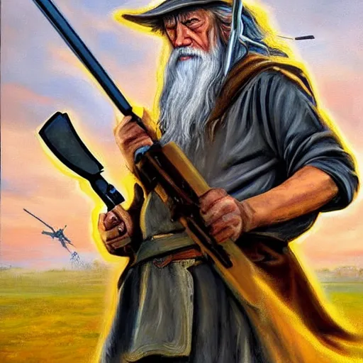 Prompt: gandalf with an ar-15, oil painting, war photo, anger, fire, dramatic, very detailed, 4k