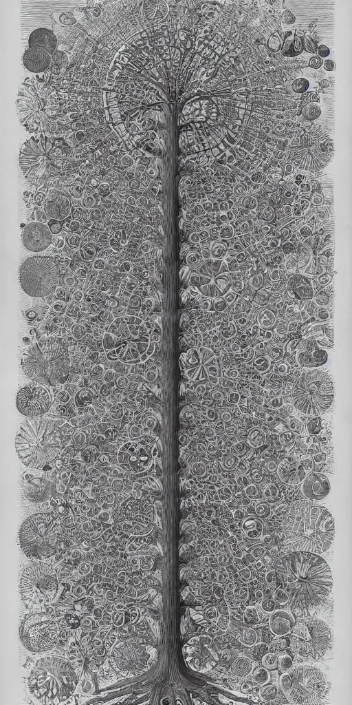 Image similar to Detailed Infographic Blueprint by Ernst Haeckel of a giant beautiful diatom tree