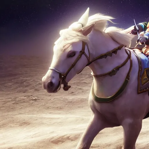 Image similar to close up, zelda riding a horse on moon, detailed realistic face, hyper realistic, 4 k octan render, unreal 5