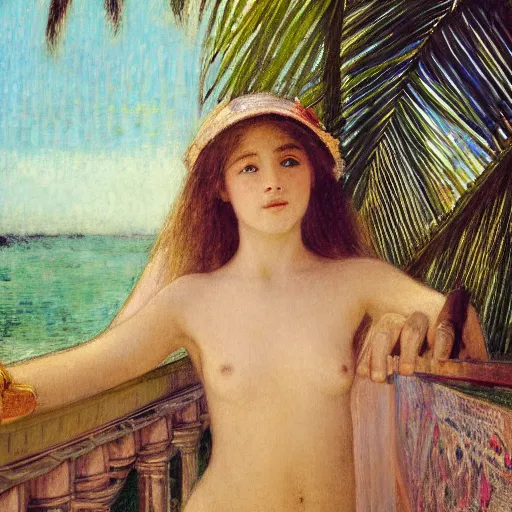 Image similar to a ultradetailed beautiful painting of a girl in the amazonas palace balustrade designed by jules bastien - lepage, hans belmer, frank weston and gustave baumann, beach, trending on artstation, mediterranean, palm trees, refracted color sparkles, sharp focus, soft light, 8 k 4 k