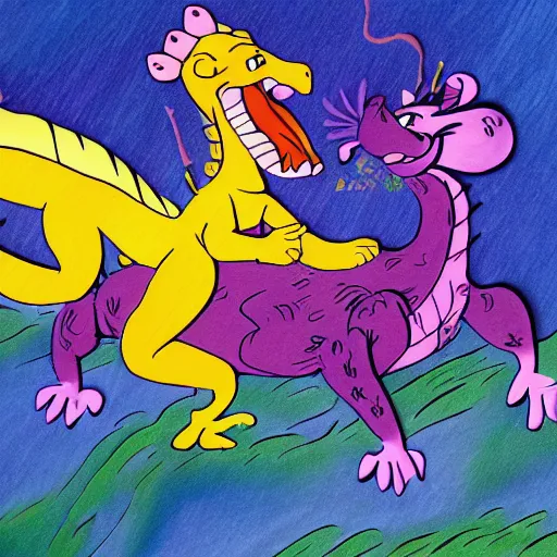 Prompt: super - detailed timon & pumba riding a purple dragon in a storm, ultrarealistic, highly detailed, soft colors