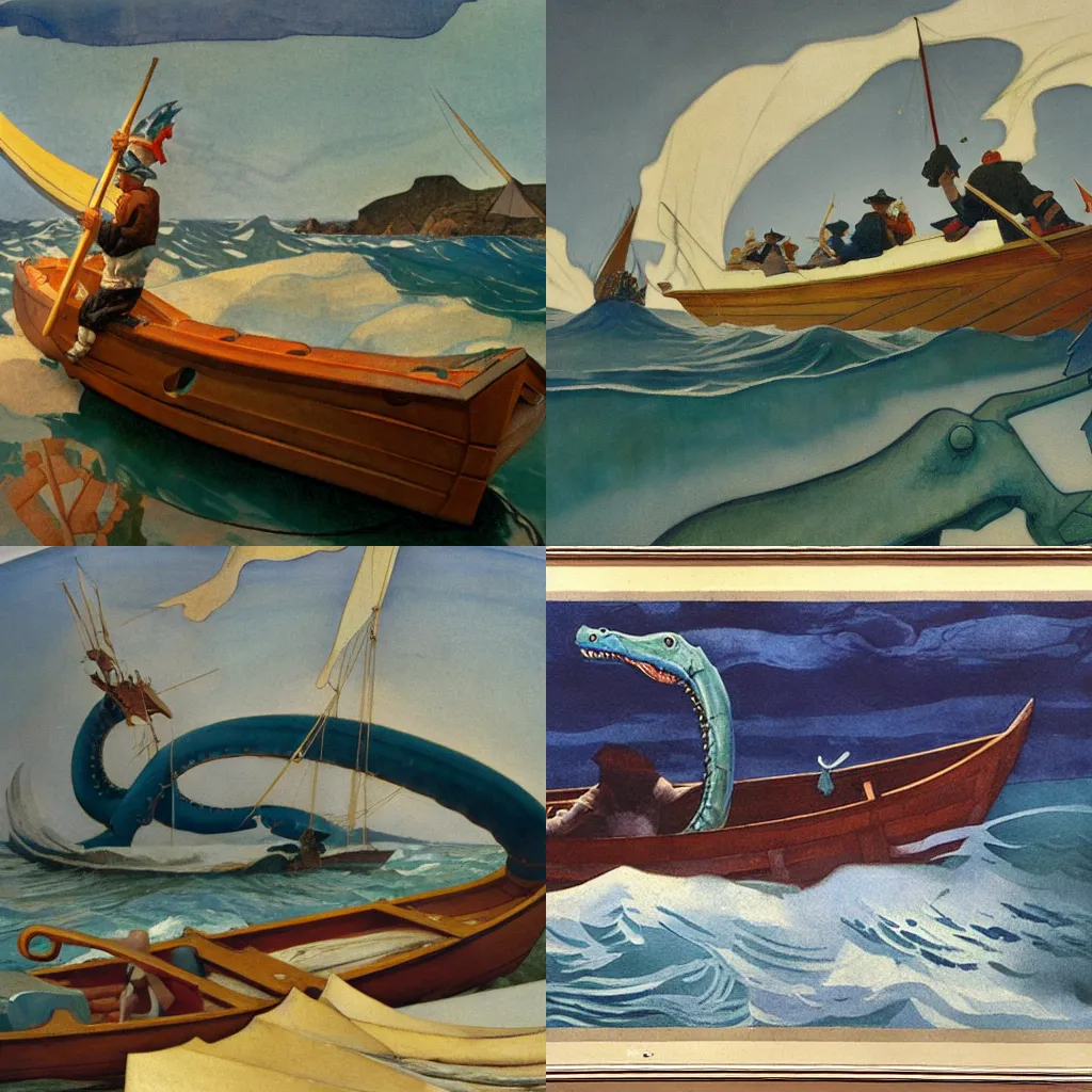 Prompt: a painting of a giant sea serpent attacking a boat, by N. C. Wyeth, 4k, high quality, very detailed, masterpiece