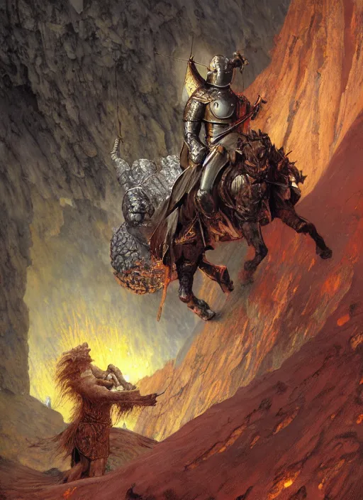 Image similar to knight in armour, lava cave, dynamic action, by lawrence alma - tadema and zdzislaw beksinski and norman rockwell and jack kirby and tom lovell and greg staples, artstation creature art