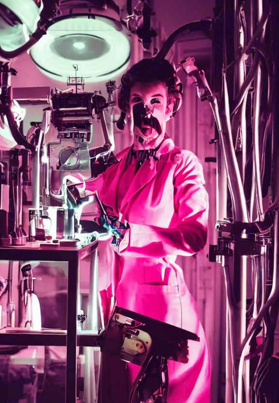 Prompt: A female mad scientist in a laboratory coat, smiling in a darkly lit laboratory room with test tubes, welding together a partially-built realistic robotic!!! man!!! in a suit, 1950s horror film movie poster style, retro vintage, saturated pink and green lighting