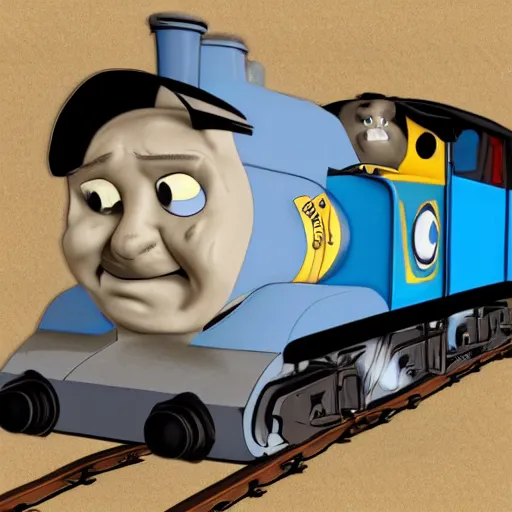 Prompt: Walter White as Thomas the Tank Engine, horrific abomination, digital art, 4K, trending on DeviantArt