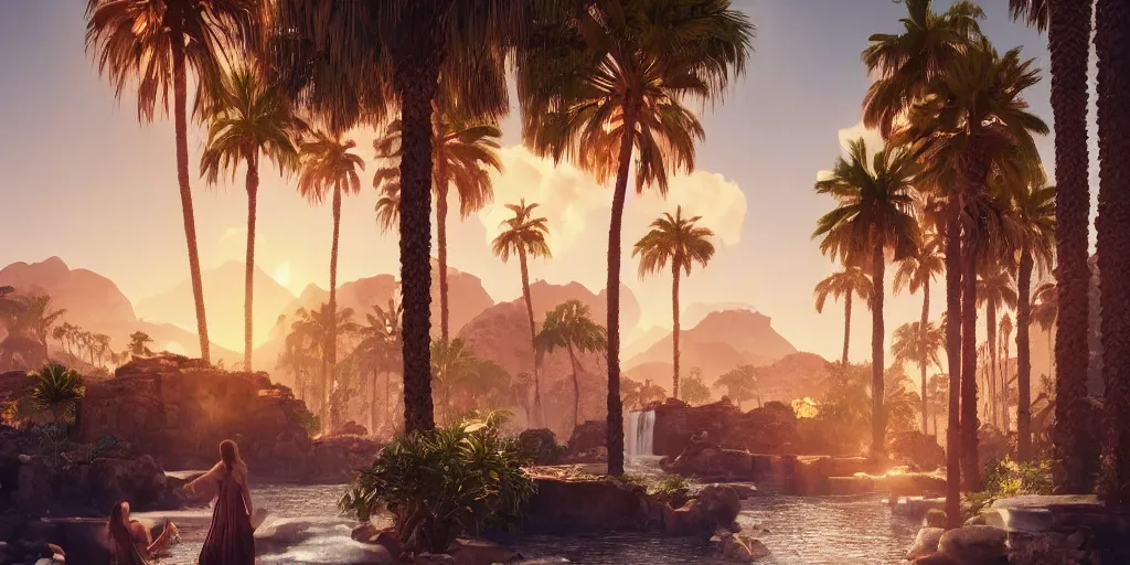 Image similar to beautiful oasis waterfalls surrounded by palm trees moroccan tile archways, date trees, ivory towers sunset peter morbacher ross tran angelarium greg rutkowski alchemy luxury heavenly light soft illumination, trending on artstation cinematic lighting digital painting octane render, artgerm