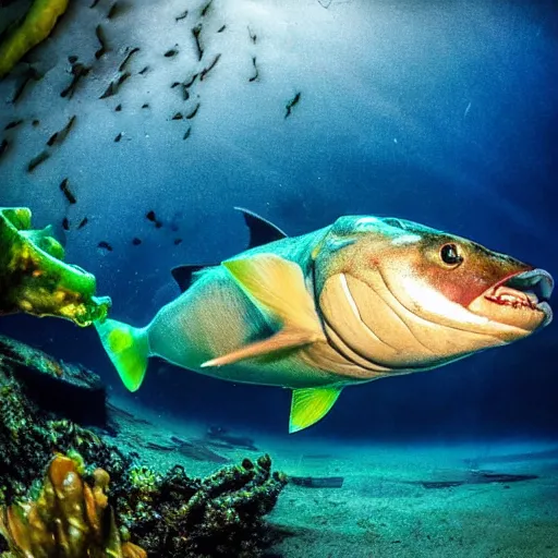 Image similar to incredibly detailed atlantic cod, wide angle shot, backlit, very realistic, underwater, beautiful photo, national geographical, underwater photography, gopro,