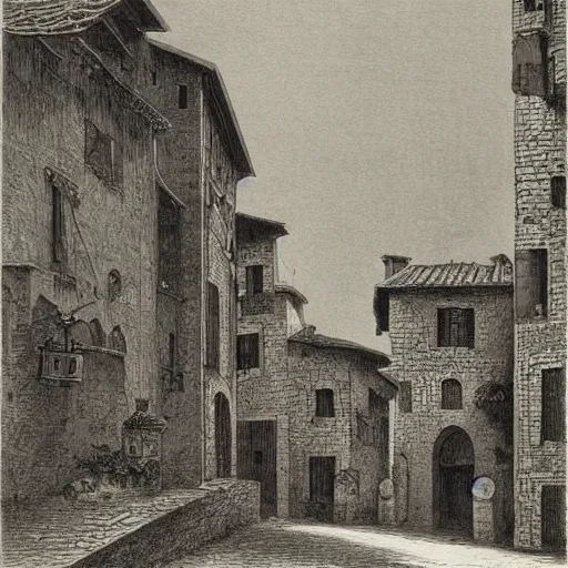 Image similar to medieval italian town, gustave dore lithography