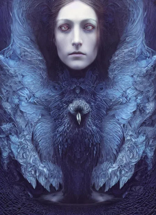 Prompt: Her huge ominous glowing blue eyes staring into my soul , perfect eyes, intricate stunning highly detailed, agostino arrivabene, WLOP, twisted dark lucid dream, 8k portrait render, raven angel wings, swirling thick smoke , beautiful lighting, dark fantasy art, cgsociety