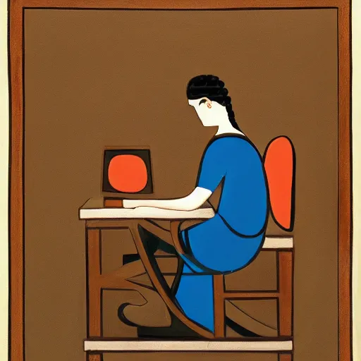 Prompt: greek vase painting of a man playing games on his computer with his backed hunched, 4 k, award winning photograph, highly detailed