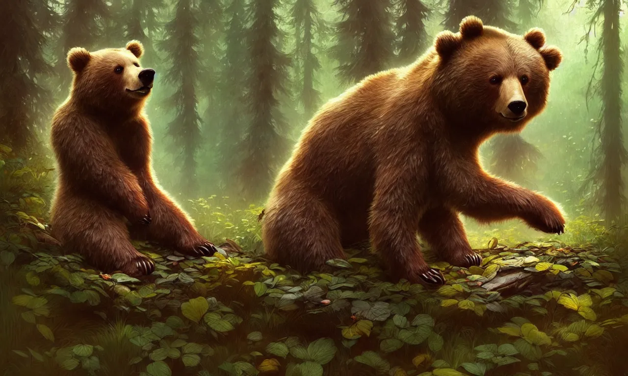 Prompt: cute cartoon bear in forest, sharp focus, illustration, highly detailed, digital painting, concept art, matte, art by wlop and artgerm and greg rutkowski and alphonse mucha, masterpiece