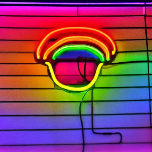 Prompt: a neon sign depicting a rainbow brain with yellow electric bolts coming out of it