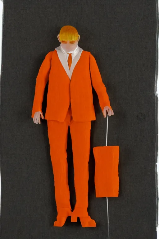 Prompt: a scene depicting a orange haired character wearing a voluminous suit made from linen and transparent plastic, acrylic, super detailed, soft light