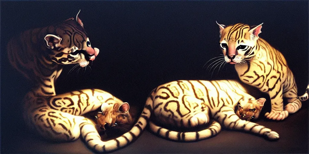 Prompt: ocelots in love, in the style of gottfried helnwein, high contrast chiaroscuro intricate composition, blue light by caravaggio, insanely quality, highly detailed, masterpiece, red light, artstation