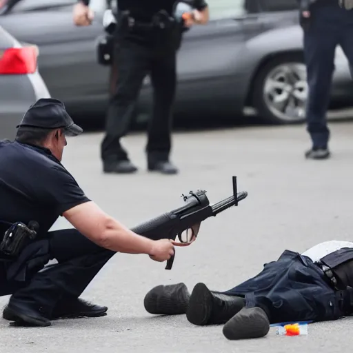 Prompt: cop shooting man holding bottle of water