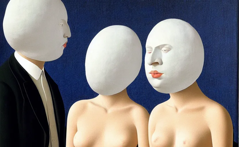 Image similar to the lovers # # white fabric covering heads # # by rene magritte, extremely intricate and detailed 8 k cinematic lighting, hyper realism