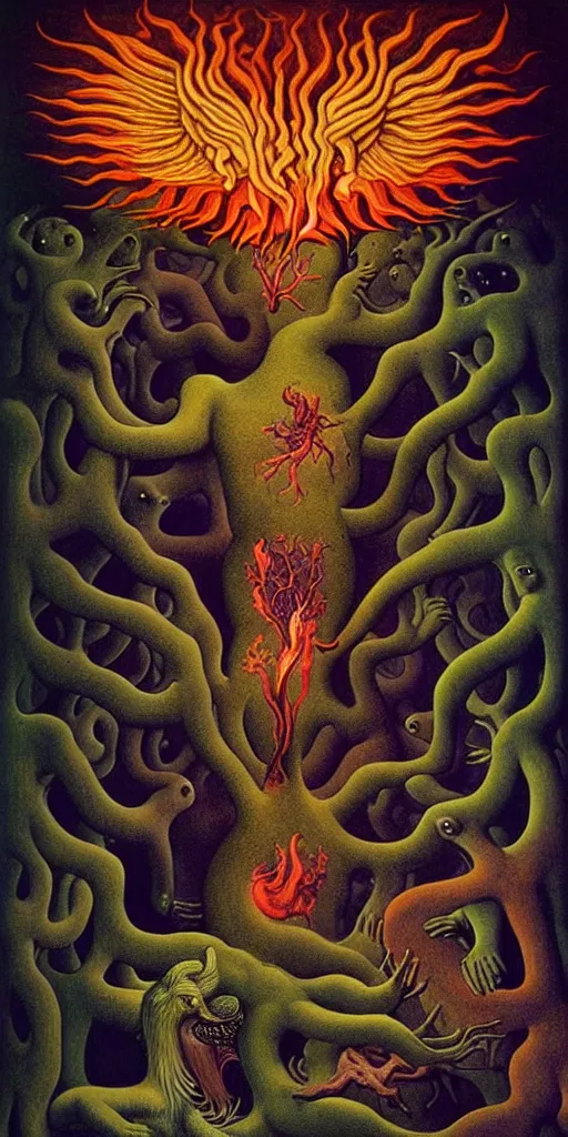 Prompt: mythical creatures and monsters in the visceral anatomical human heart imaginal realm of the collective unconscious, in a dark surreal painting by johfra, mc escher and ronny khalil, dramatic lighting fire glow