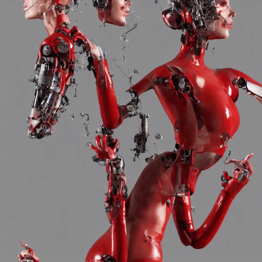 Image similar to a beautiful female cyborg is wearing a worn and ripped red latex jumpsuit, smoking a cigarette, as her mechanical body is slowly shutting down, and she is facing the end of her existence. hyper realistic, octane render, 8 k resolution, full profile, epic angle