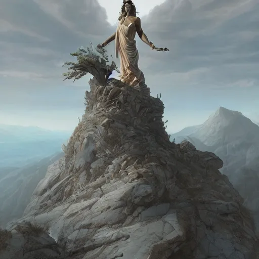 Image similar to Beautiful cinematic scene of a gigantic marble statue of a goddess on top of a mountain, epic, megalophobia, cinematic lighting, insanely detailed, painting by Greg Rutkowski, Artstation