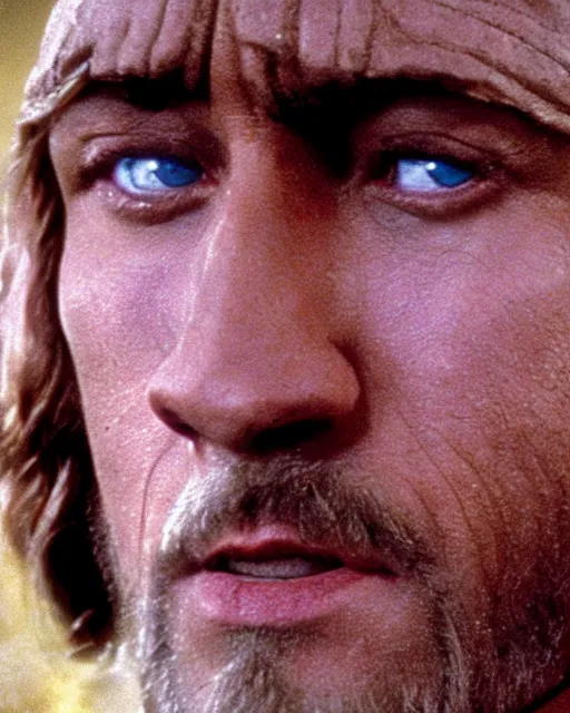 Prompt: Film still close-up shot of Dwayne Johnson as Obi-Wan Kenobi from the movie Return of the Jedi. Photographic, photography