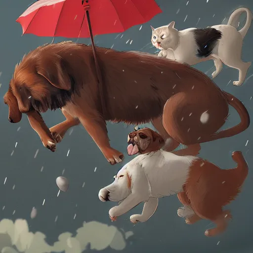 Image similar to giant cats and dogs are falling from the sky like rain, bystanders watching from the sides, 4 k, by miyazaki, monokubo, artstation,